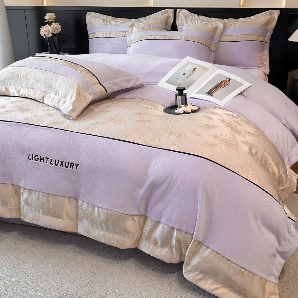 91家纺网 家纺一手货源 找家纺 博纳家纺 2025新款加厚牛奶绒雕花刺绣拼角四件套-羽皇 控价劵后168（严格按控价来） 羽皇-浅紫