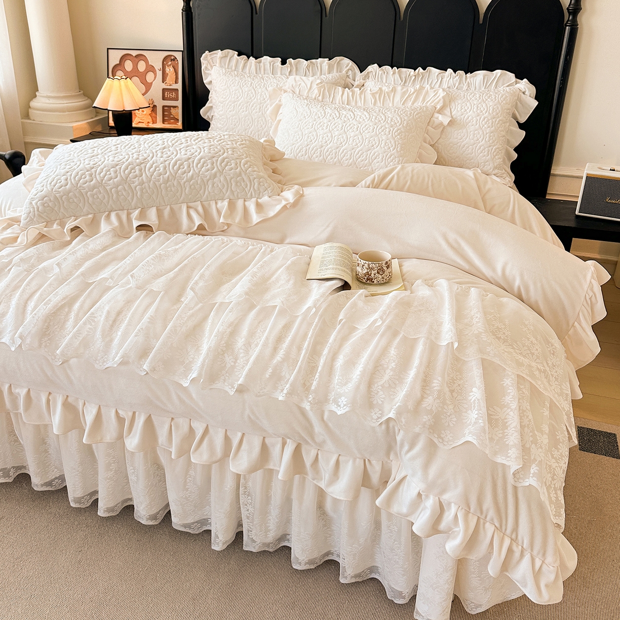 91家纺网 家纺一手货源 找家纺 情恒家纺 2025新款宝宝绒单品床盖床盖三件套玫瑰盛典系列 玫瑰盛典 云朵白