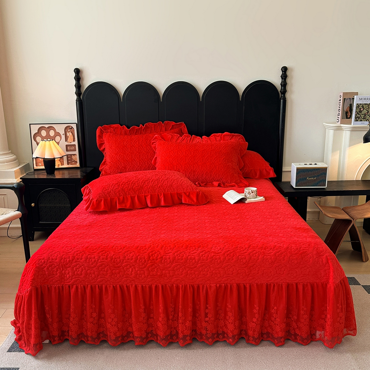 情恒家纺 2025新款宝宝绒单品床盖床盖三件套玫瑰盛典系列 玫瑰盛典 中国红