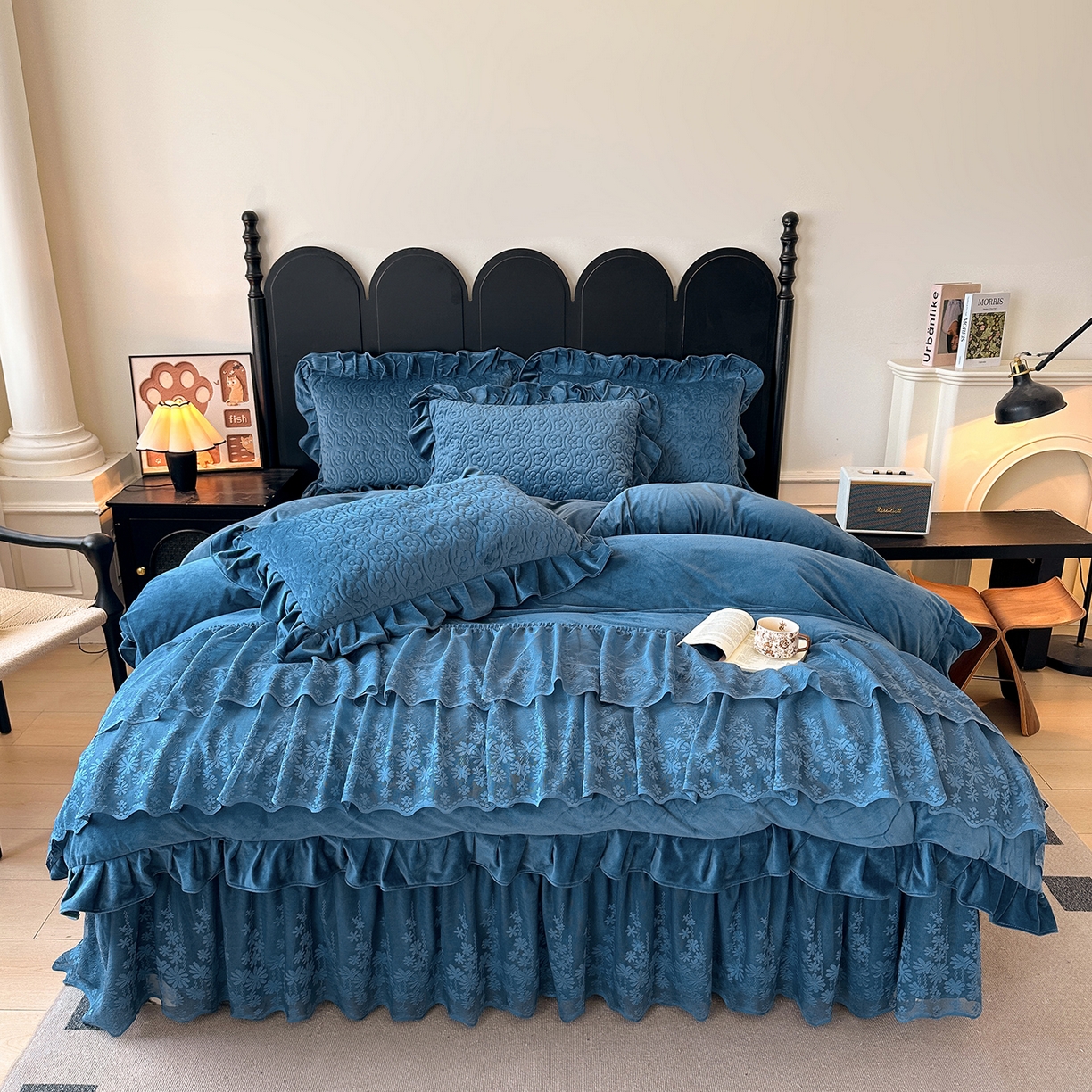 91家纺网 家纺一手货源 找家纺 情恒家纺 2025新款宝宝绒单品床盖床盖三件套玫瑰盛典系列 玫瑰盛典 深海蓝