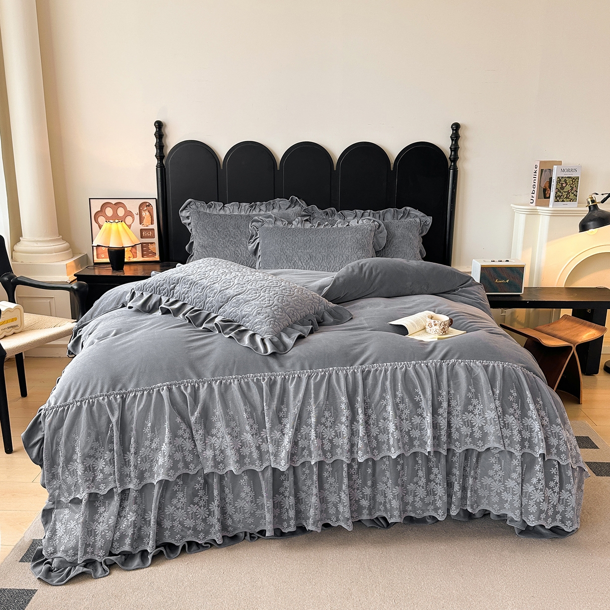 91家纺网 家纺一手货源 找家纺 情恒家纺 2025新款宝宝绒单品床盖床盖三件套玫瑰盛典系列 玫瑰盛典 静夜灰