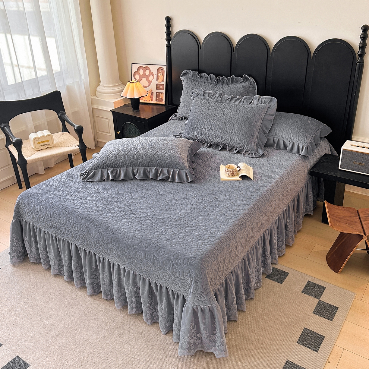 91家纺网 家纺一手货源 找家纺 情恒家纺 2025新款宝宝绒单品床盖床盖三件套玫瑰盛典系列 玫瑰盛典 静夜灰