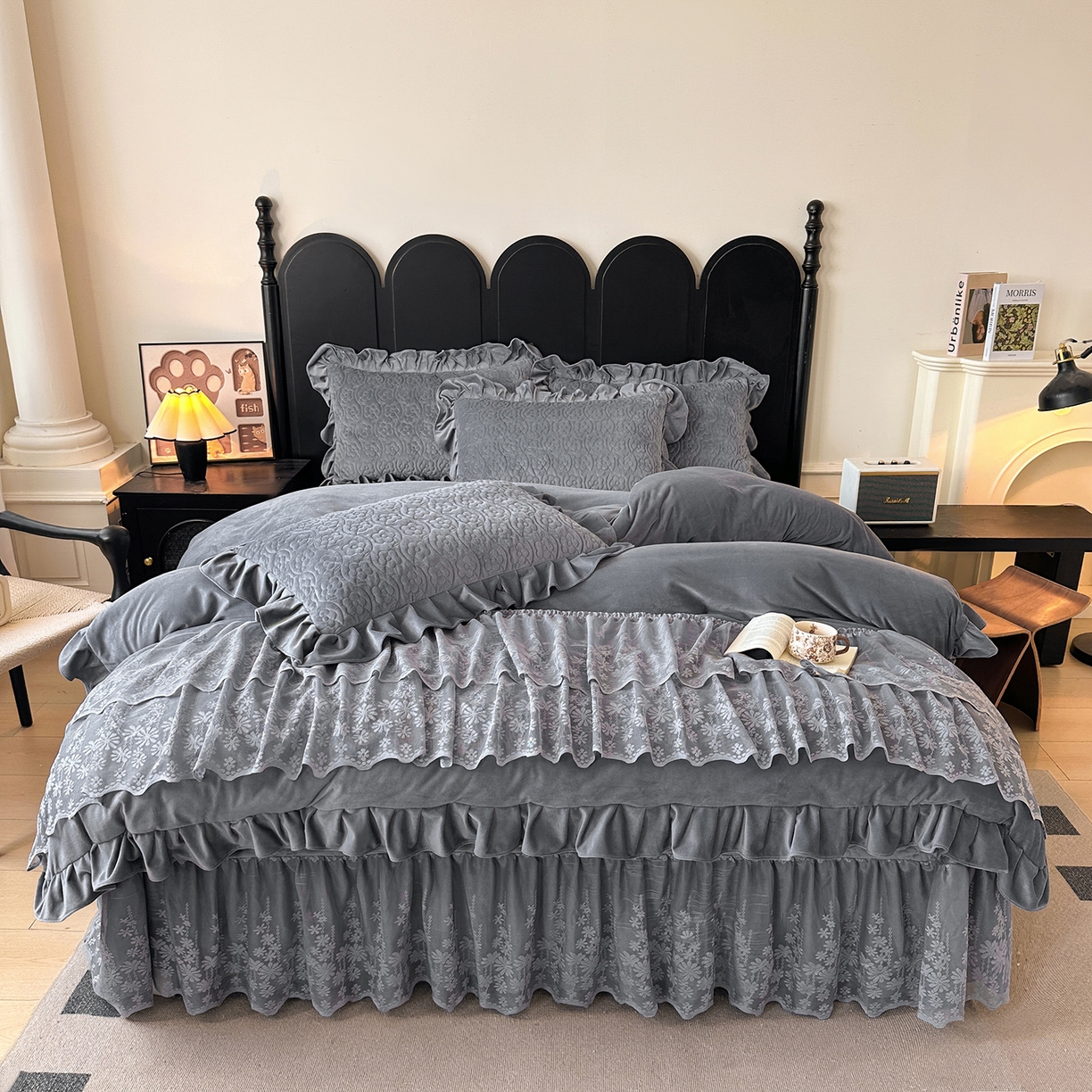 91家纺网 家纺一手货源 找家纺 情恒家纺 2025新款宝宝绒单品床盖床盖三件套玫瑰盛典系列 玫瑰盛典 静夜灰