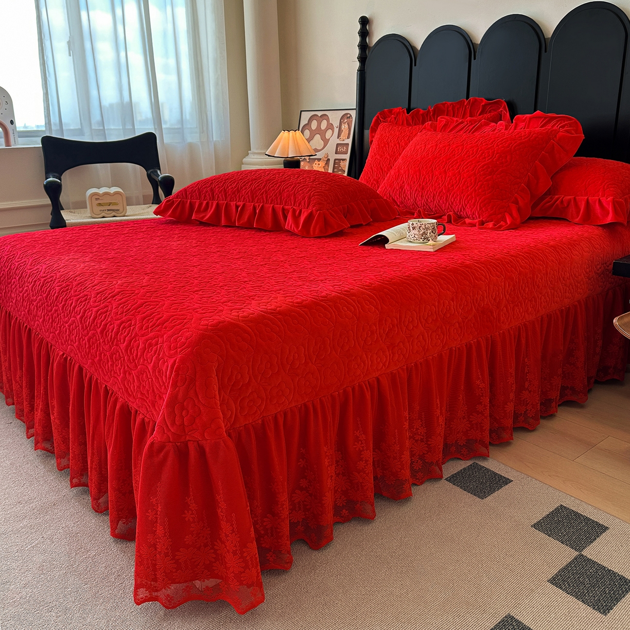 91家纺网 家纺一手货源 找家纺 情恒家纺 2025新款宝宝绒单品床盖床盖三件套玫瑰盛典系列 玫瑰盛典 中国红