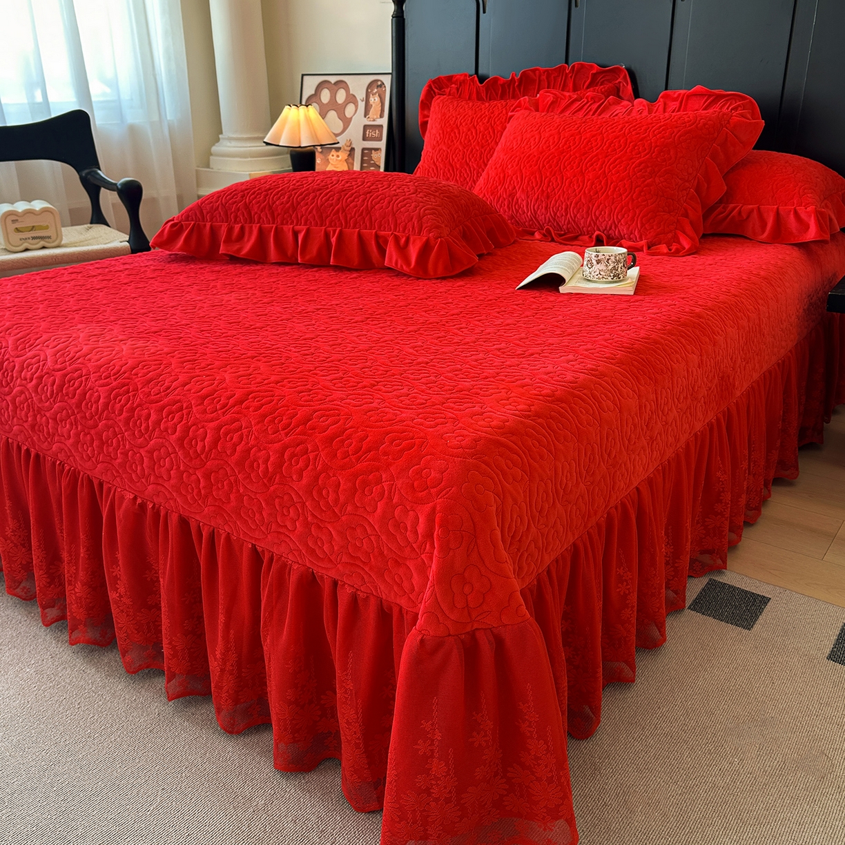 91家纺网 家纺一手货源 找家纺 情恒家纺 2025新款宝宝绒单品床盖床盖三件套玫瑰盛典系列 玫瑰盛典 中国红