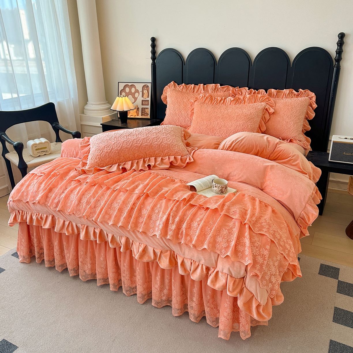 91家纺网 家纺一手货源 找家纺 情恒家纺 2025新款宝宝绒单品床盖床盖三件套玫瑰盛典系列 玫瑰盛典 明媚橙