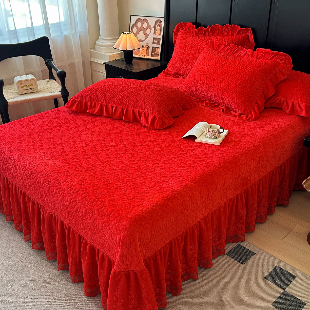 91家纺网 家纺一手货源 找家纺 情恒家纺 2025新款宝宝绒单品床盖床盖三件套玫瑰盛典系列 玫瑰盛典 中国红