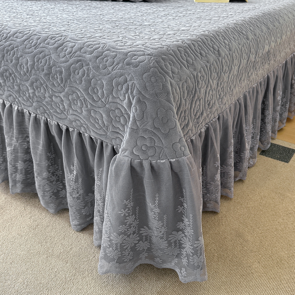 91家纺网 家纺一手货源 找家纺 情恒家纺 2025新款宝宝绒单品床盖床盖三件套玫瑰盛典系列 玫瑰盛典 静夜灰