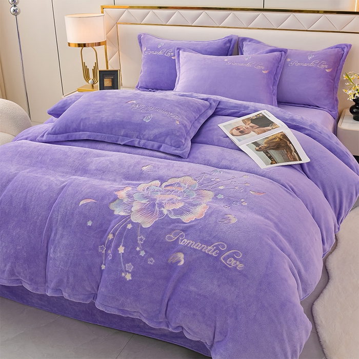 绒小宣  2025新款加厚牛奶绒刺绣花保暖四件套-花开富贵提供买家秀 花开富贵-紫色