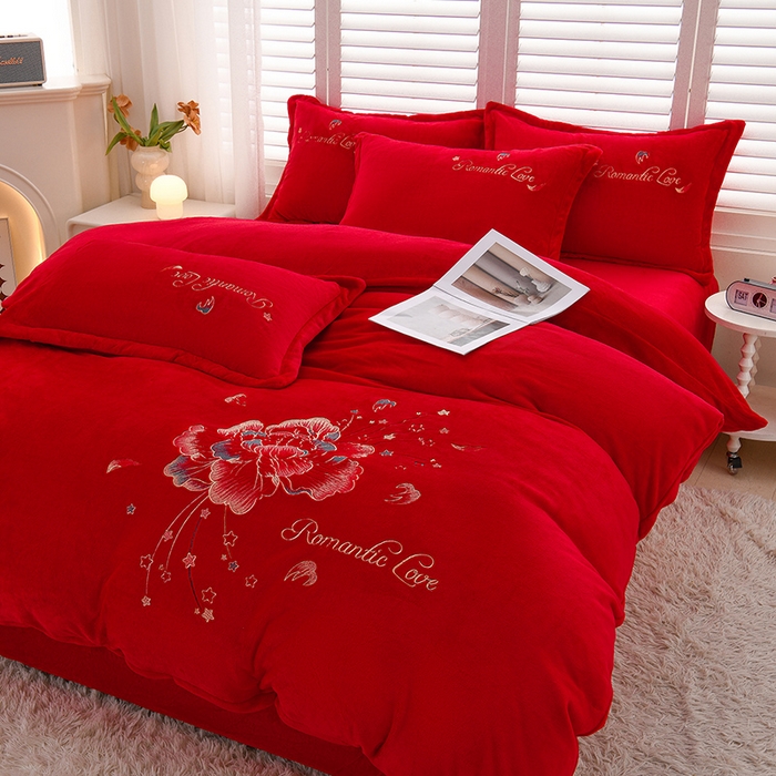 91家纺网 家纺一手货源 找家纺 绒小宣  2025新款加厚牛奶绒刺绣花保暖四件套-花开富贵提供买家秀 花开富贵-中国红