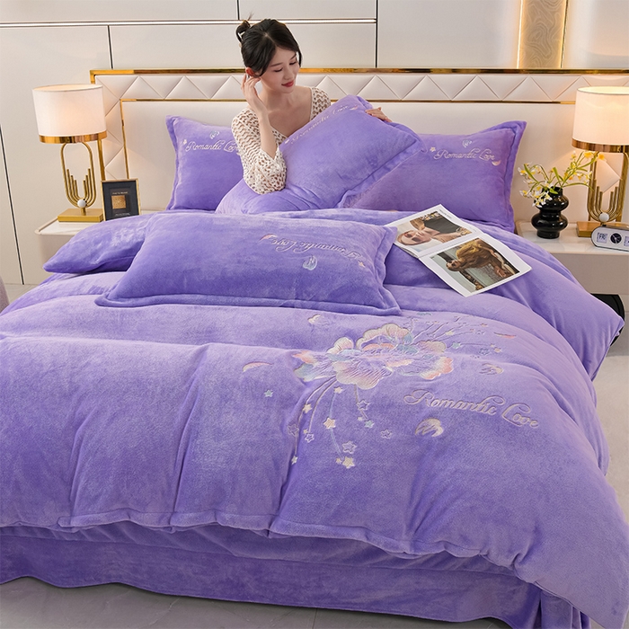 91家纺网 家纺一手货源 找家纺 绒小宣  2025新款加厚牛奶绒刺绣花保暖四件套-花开富贵提供买家秀 花开富贵-紫色
