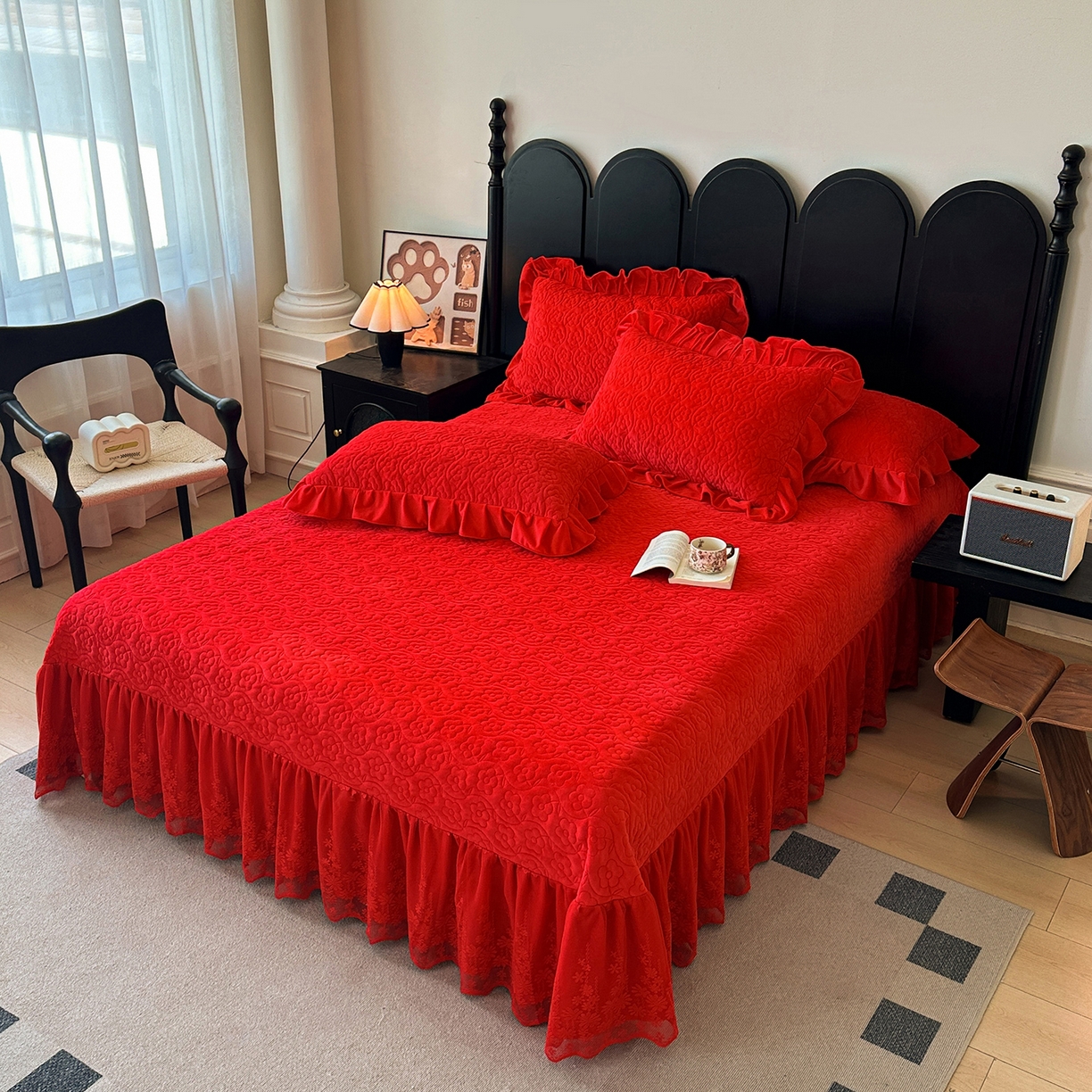 91家纺网 家纺一手货源 找家纺 情恒家纺 2025新款宝宝绒单品床盖床盖三件套玫瑰盛典系列 玫瑰盛典 中国红