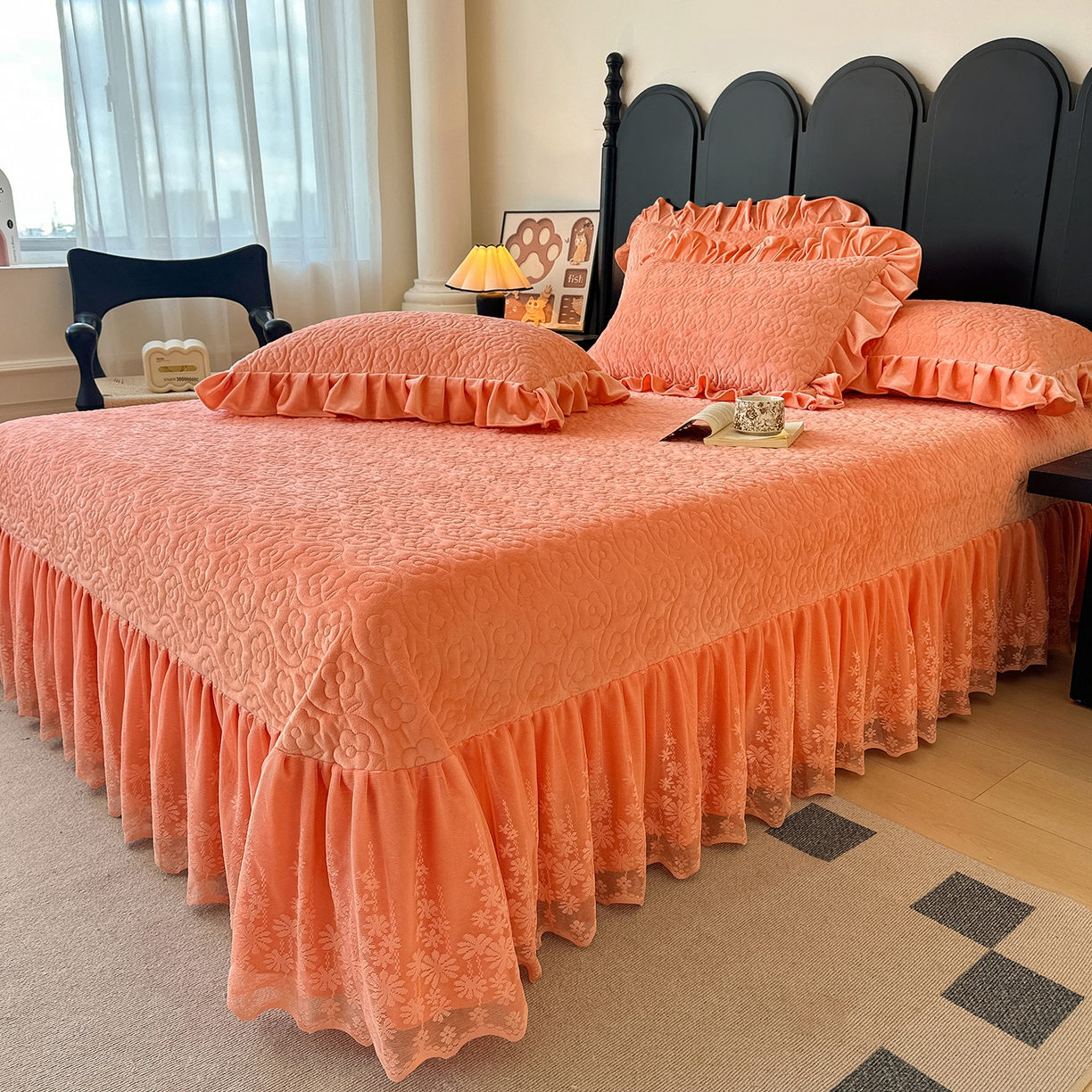 91家纺网 家纺一手货源 找家纺 情恒家纺 2025新款宝宝绒单品床盖床盖三件套玫瑰盛典系列 玫瑰盛典 明媚橙