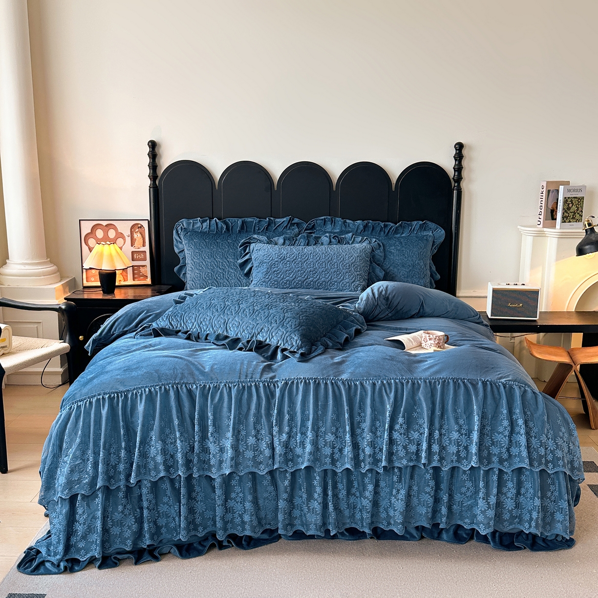 91家纺网 家纺一手货源 找家纺 情恒家纺 2025新款宝宝绒单品床盖床盖三件套玫瑰盛典系列 玫瑰盛典 深海蓝