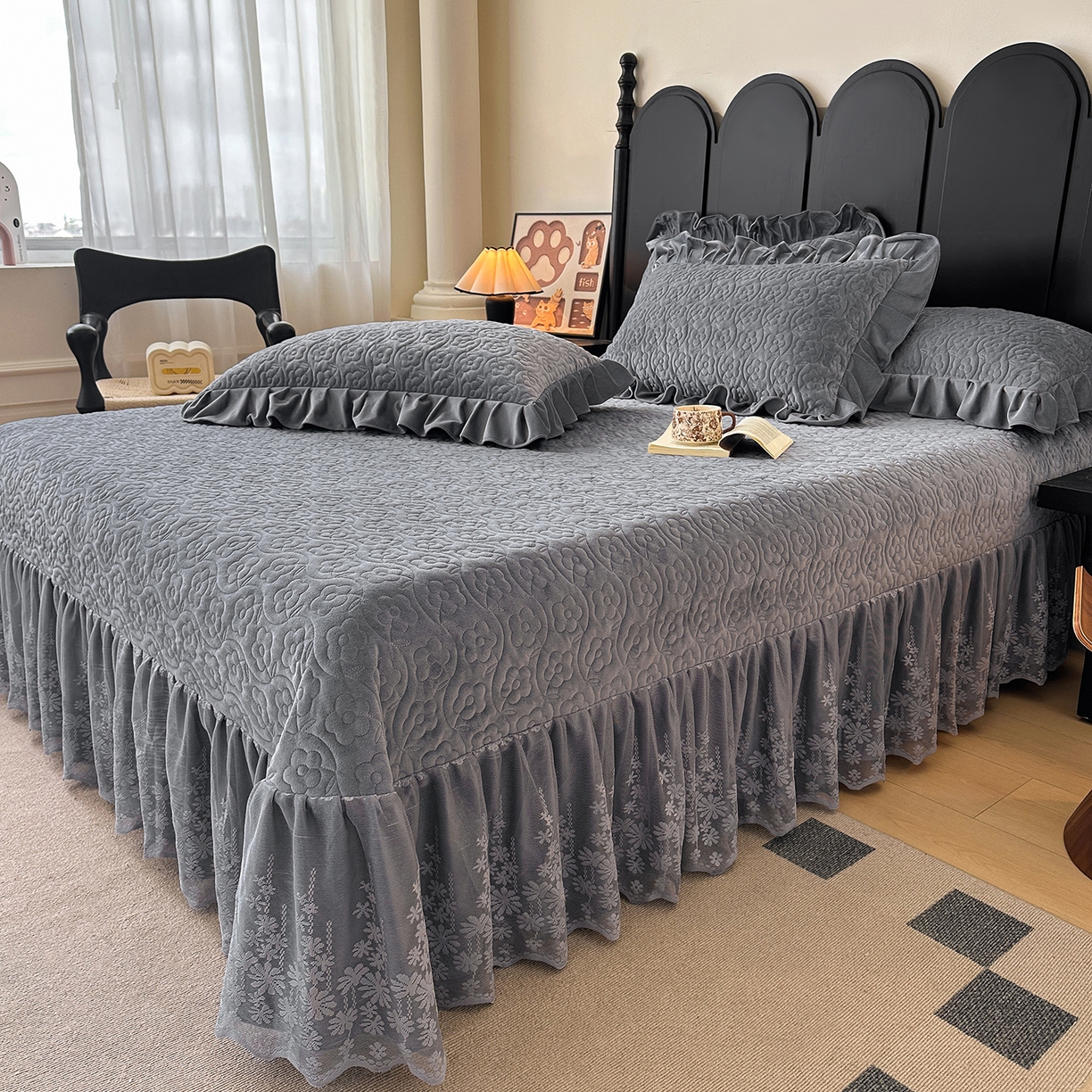 91家纺网 家纺一手货源 找家纺 情恒家纺 2025新款宝宝绒单品床盖床盖三件套玫瑰盛典系列 玫瑰盛典 静夜灰