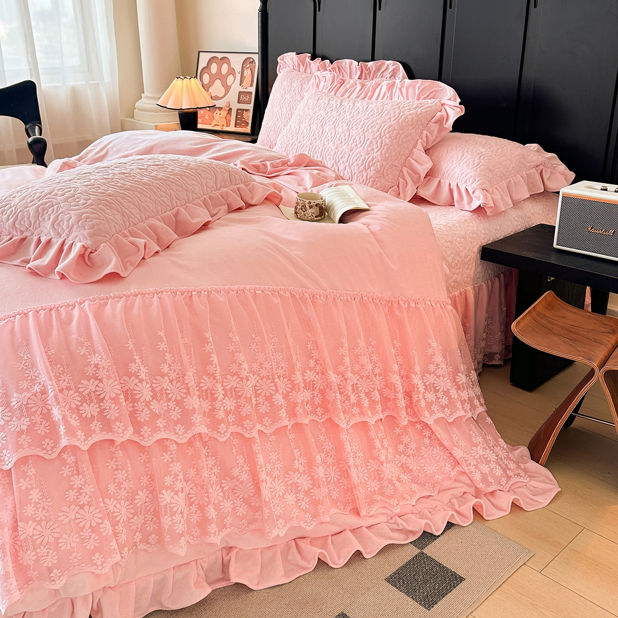 91家纺网 家纺一手货源 找家纺 情恒家纺 2025新款宝宝绒单品床盖床盖三件套玫瑰盛典系列 玫瑰盛典 香妃粉