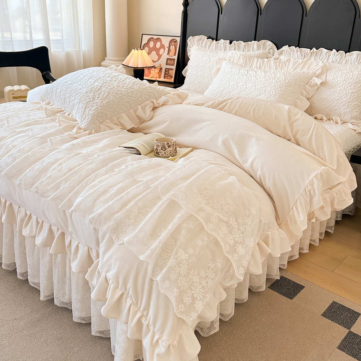 91家纺网 家纺一手货源 找家纺 情恒家纺 2025新款宝宝绒单品床盖床盖三件套玫瑰盛典系列 玫瑰盛典 云朵白