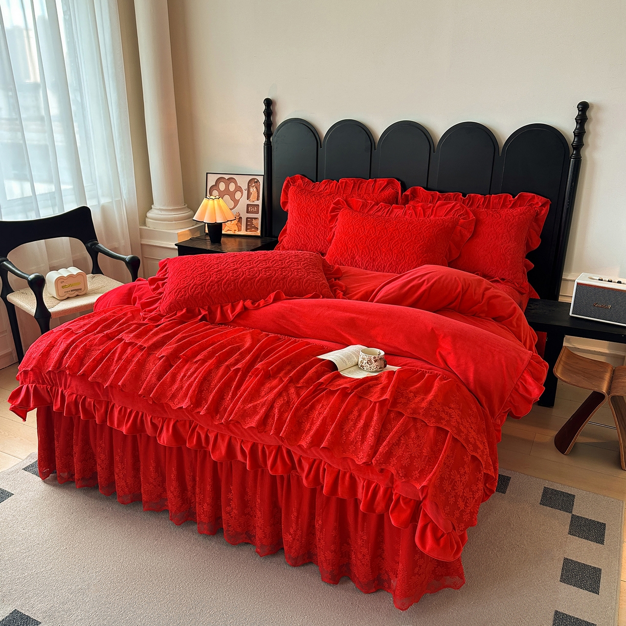 91家纺网 家纺一手货源 找家纺 情恒家纺 2025新款宝宝绒单品床盖床盖三件套玫瑰盛典系列 玫瑰盛典 中国红