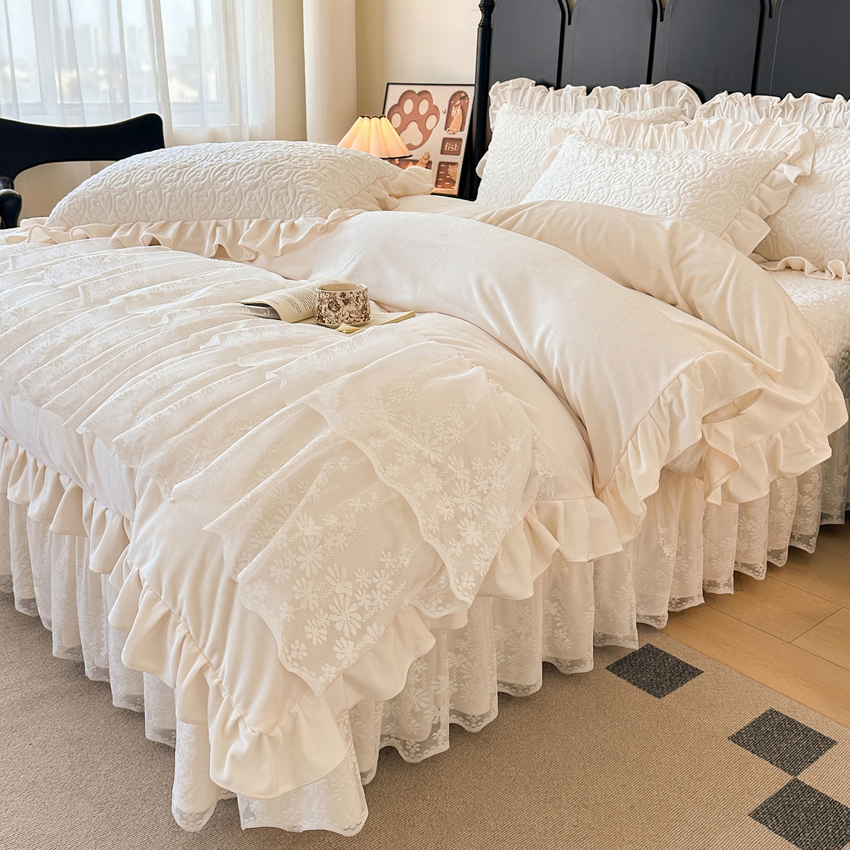 91家纺网 家纺一手货源 找家纺 情恒家纺 2025新款宝宝绒单品床盖床盖三件套玫瑰盛典系列 玫瑰盛典 云朵白