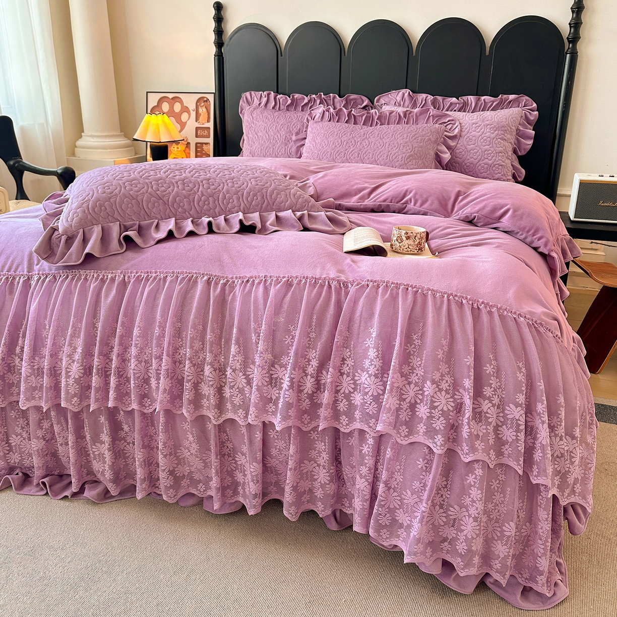 91家纺网 家纺一手货源 找家纺 情恒家纺 2025新款宝宝绒单品床盖床盖三件套玫瑰盛典系列 玫瑰盛典 优雅紫