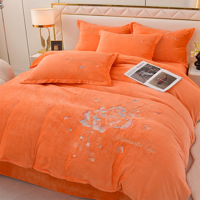 绒小宣  2025新款加厚牛奶绒刺绣花保暖四件套-花开富贵提供买家秀 花开富贵-橙色