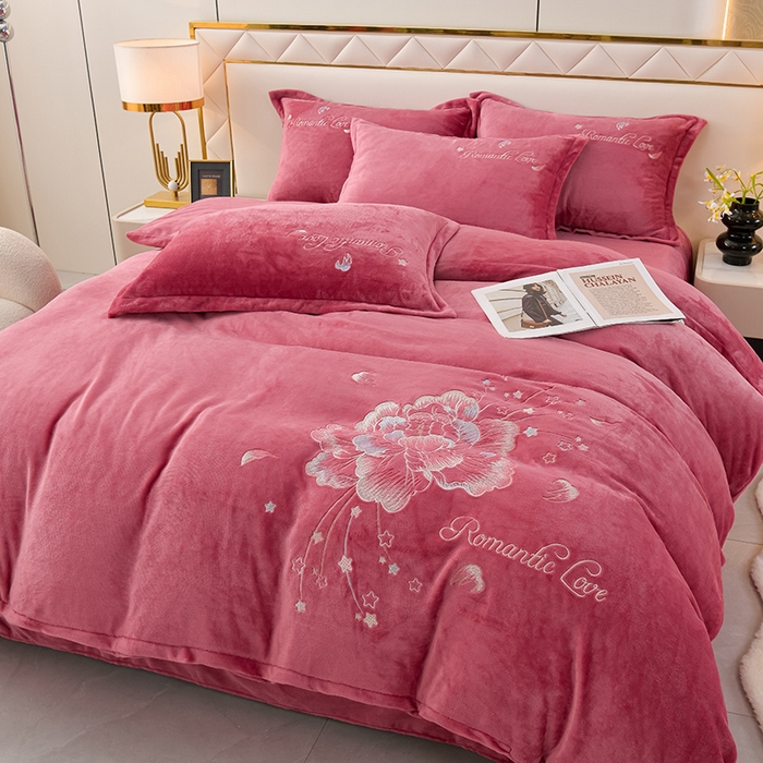 绒小宣  2025新款加厚牛奶绒刺绣花保暖四件套-花开富贵提供买家秀 花开富贵-豆沙色