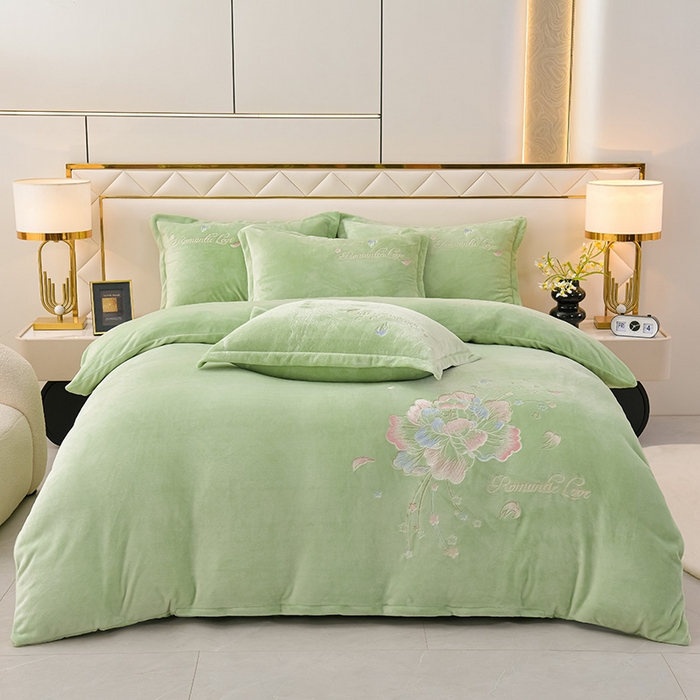 91家纺网 家纺一手货源 找家纺 绒小宣  2025新款加厚牛奶绒刺绣花保暖四件套-花开富贵提供买家秀 花开富贵-抹茶绿