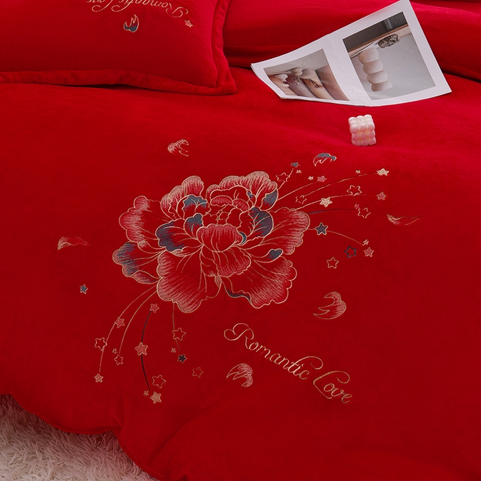 91家纺网 家纺一手货源 找家纺 绒小宣  2025新款加厚牛奶绒刺绣花保暖四件套-花开富贵提供买家秀 花开富贵-中国红