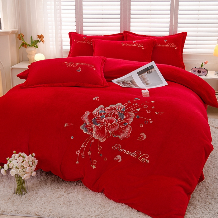 91家纺网 家纺一手货源 找家纺 绒小宣  2025新款加厚牛奶绒刺绣花保暖四件套-花开富贵提供买家秀 花开富贵-中国红