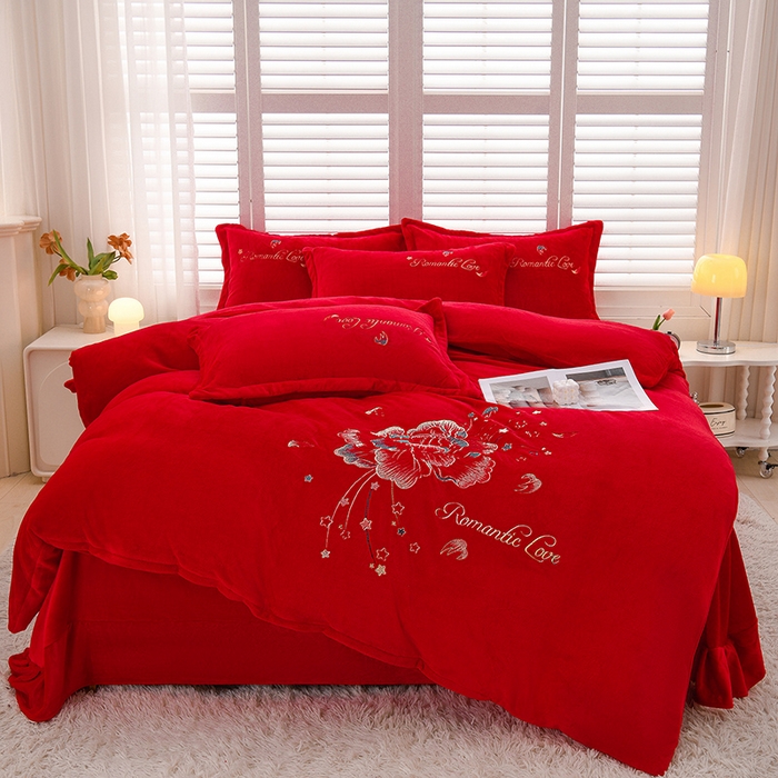 91家纺网 家纺一手货源 找家纺 绒小宣  2025新款加厚牛奶绒刺绣花保暖四件套-花开富贵提供买家秀 花开富贵-中国红