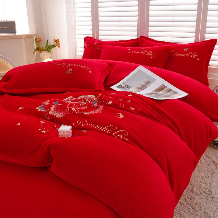 91家纺网 家纺一手货源 找家纺 绒小宣  2025新款加厚牛奶绒刺绣花保暖四件套-花开富贵提供买家秀 花开富贵-中国红