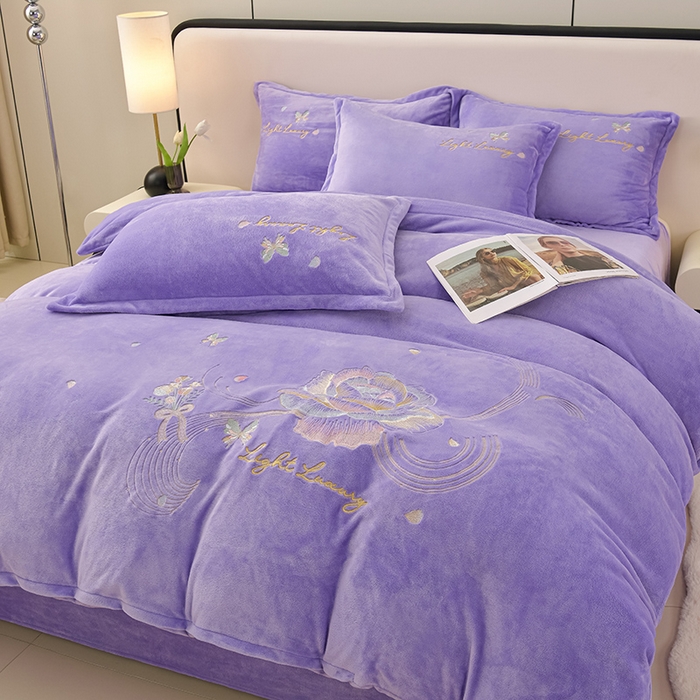 绒小宣 2025新款A类牛奶绒刺绣四件套-蝶恋花 浅夏紫