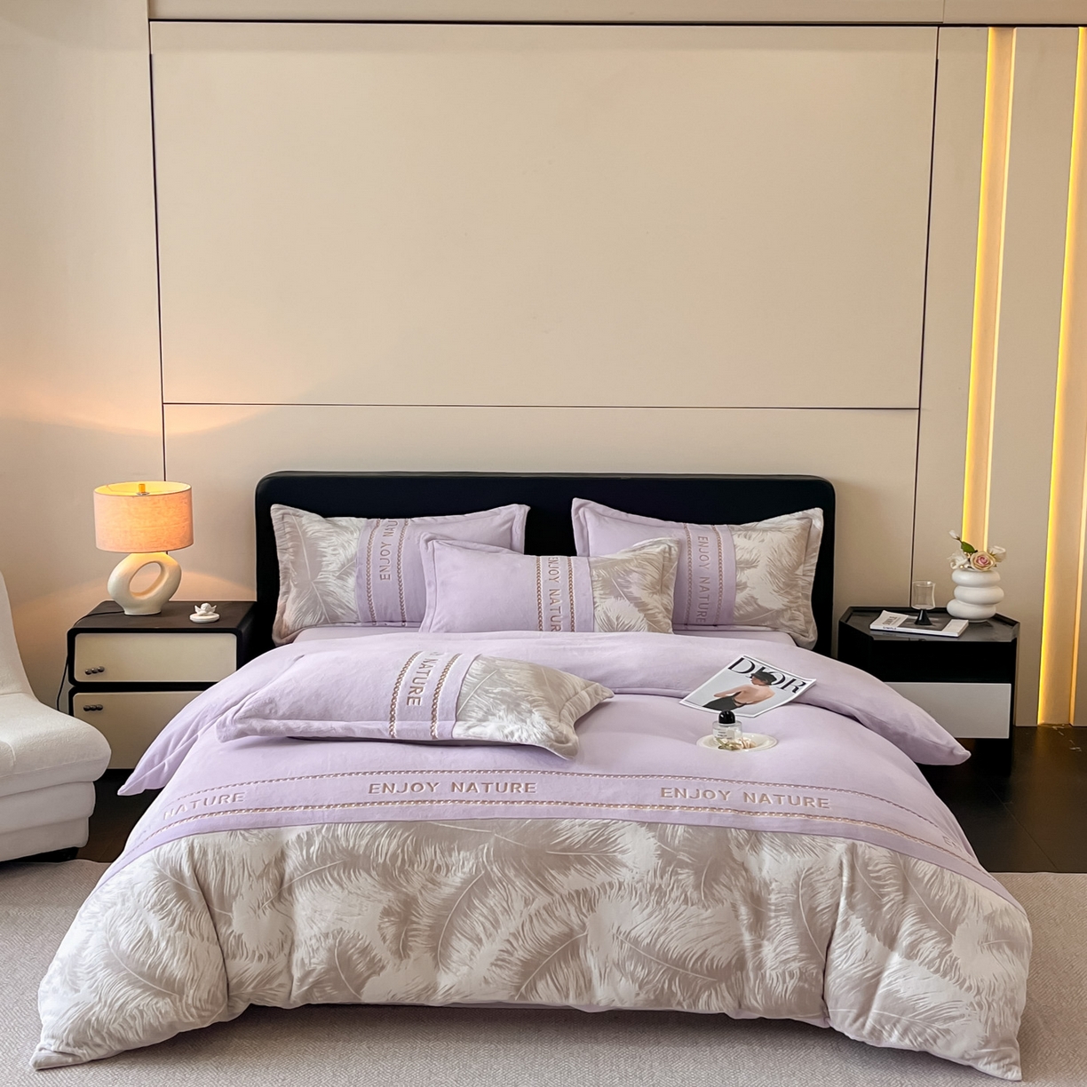 91家纺网 家纺一手货源 找家纺 博纳家纺 2025新款加厚牛奶绒雕花刺绣四件套-飞羽 控价劵后168（严格按控价来） 飞羽-浅紫