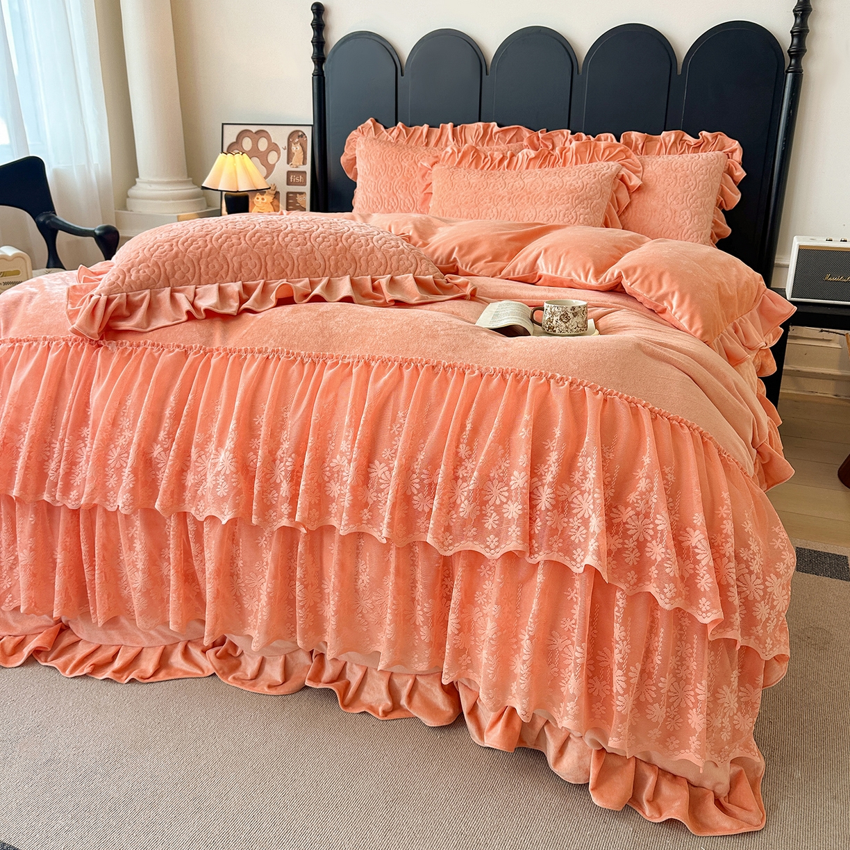 91家纺网 家纺一手货源 找家纺 情恒家纺 2025新款宝宝绒床盖三四件套玫瑰盛典 玫瑰盛典 明媚橙