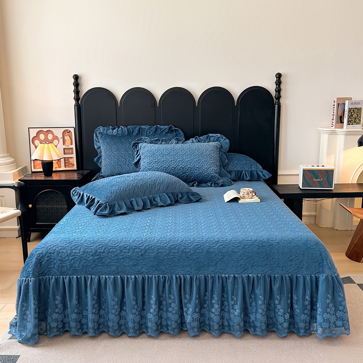 91家纺网 家纺一手货源 找家纺 情恒家纺 2025新款宝宝绒床盖三四件套玫瑰盛典 玫瑰盛典 深海蓝