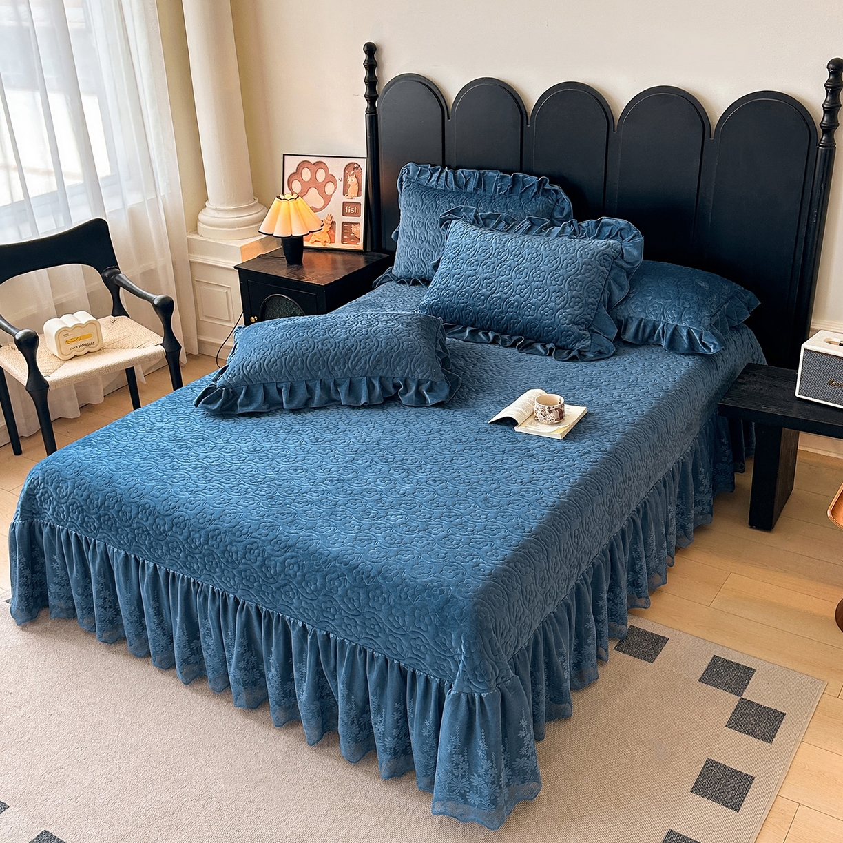 91家纺网 家纺一手货源 找家纺 情恒家纺 2025新款宝宝绒床盖三四件套玫瑰盛典 玫瑰盛典 深海蓝