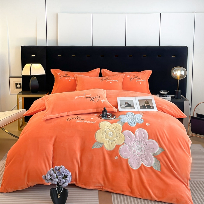 绒小宣 2025新A类牛奶绒贴布绣四件套-花语 花语-清新橙