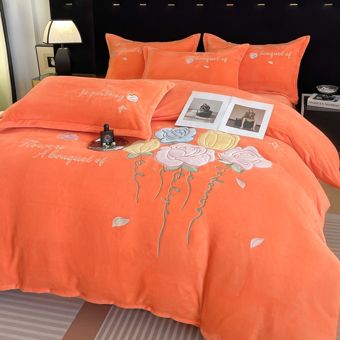 91家纺网 家纺一手货源 找家纺 绒小宣 2025新A类牛奶绒贴布绣四件套-花语 花语-清新橙