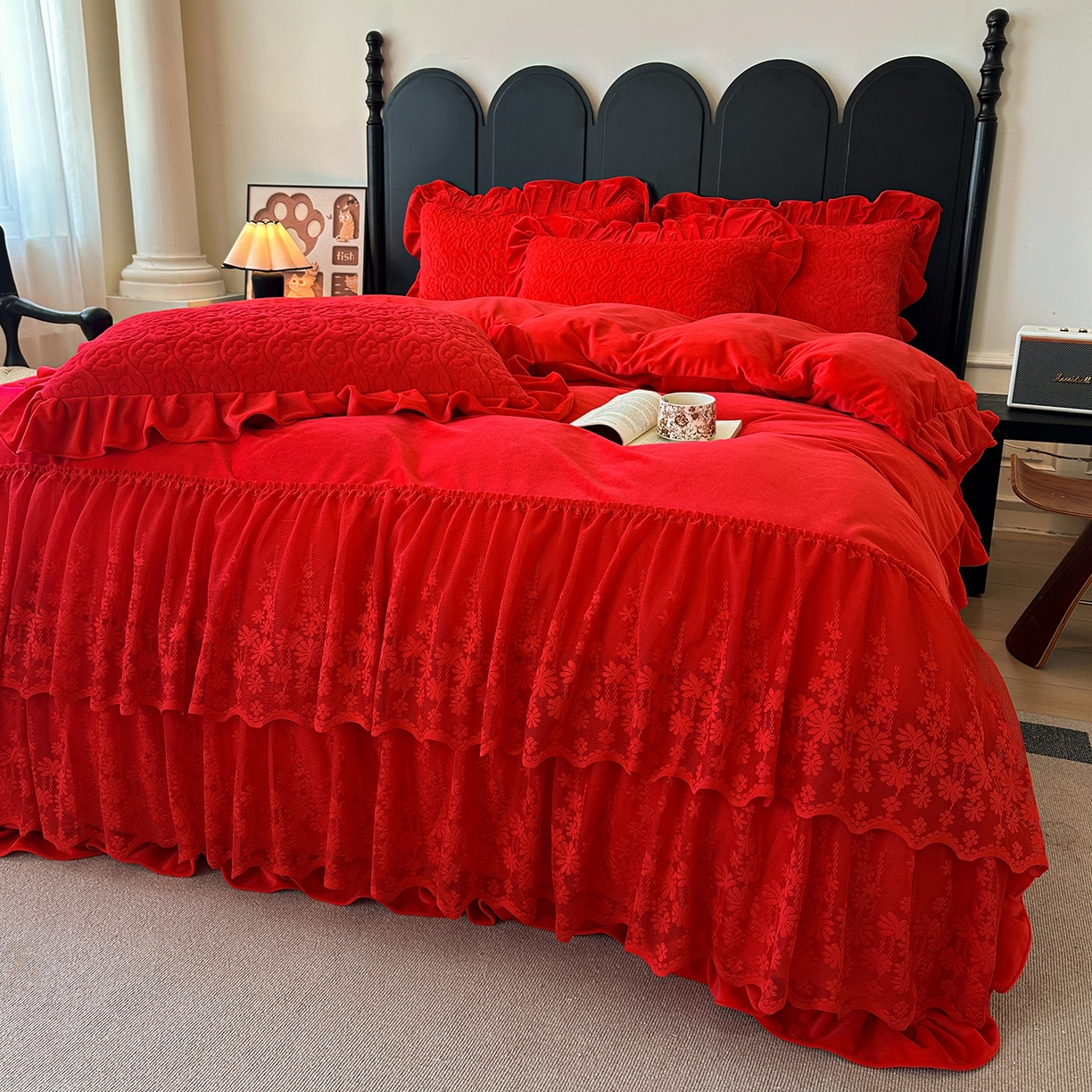 91家纺网 家纺一手货源 找家纺 情恒家纺 2025新款宝宝绒床盖三四件套玫瑰盛典 玫瑰盛典 中国红