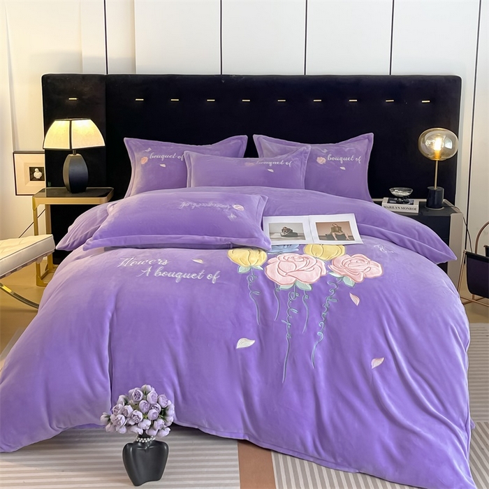 绒小宣 2025新款A类牛奶绒贴布绣四件套-玫瑰爱恋 玫瑰爱恋-浅夏紫