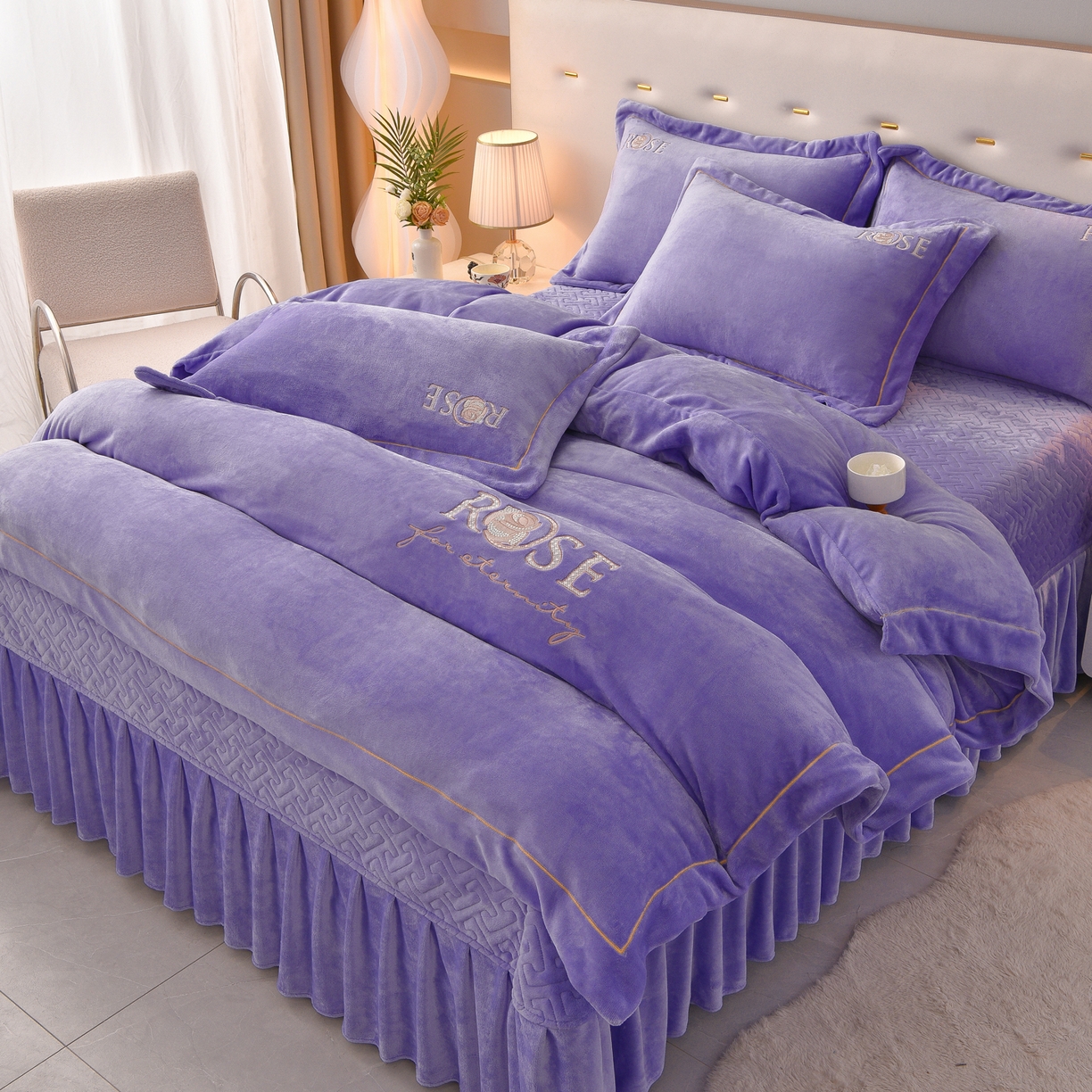 绒小宣 2025新款加厚牛奶绒四件套宽边一字绣牛奶绒刺绣花夹棉床盖款四件套-玫瑰花语 玫瑰花语-紫色