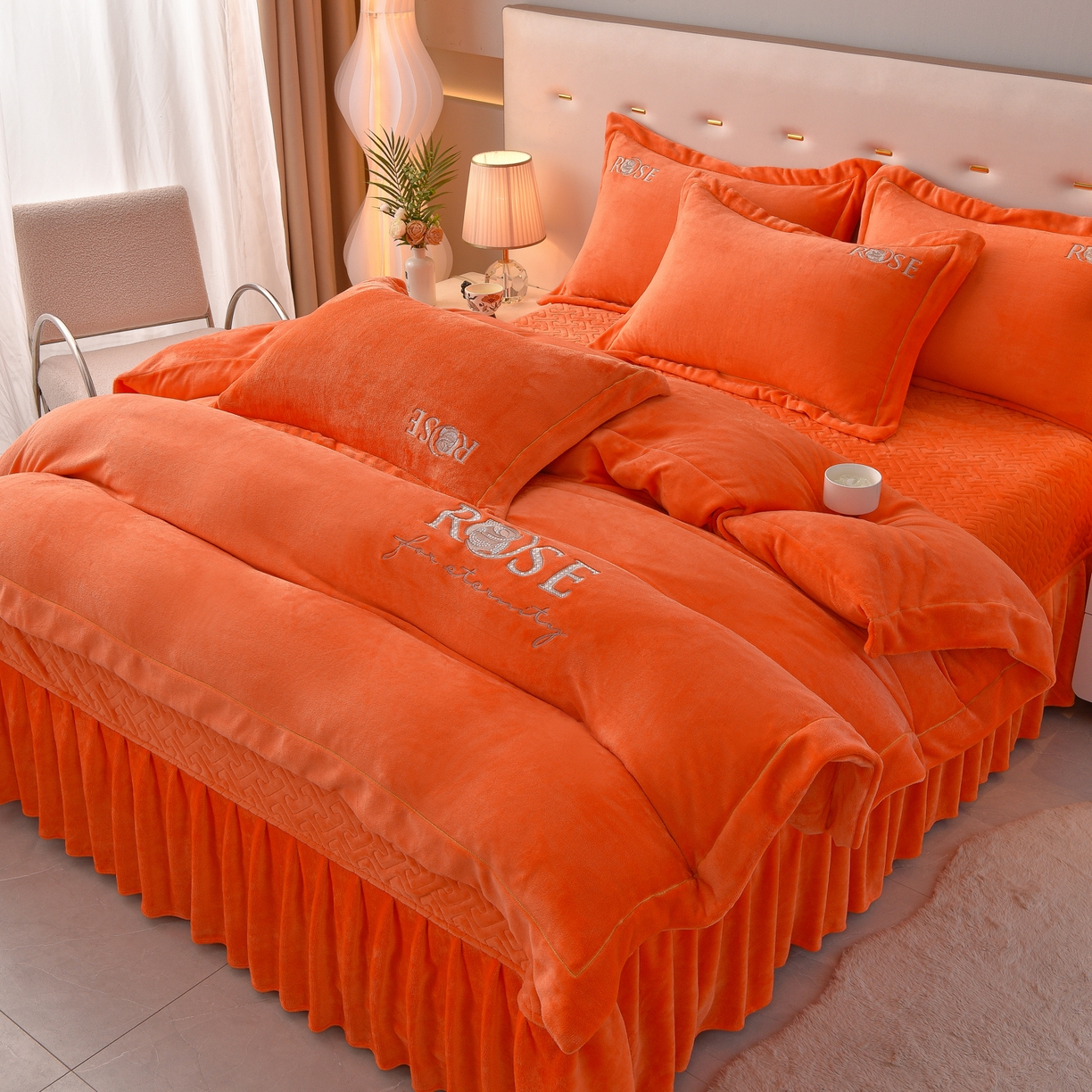 绒小宣 2025新款加厚牛奶绒四件套宽边一字绣牛奶绒刺绣花夹棉床盖款四件套-玫瑰花语 玫瑰花语-橙色