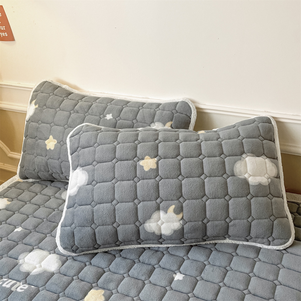 91家纺网 家纺一手货源 找家纺 美澳家纺 2025新款印花牛奶绒加厚夹棉床褥床垫 云朵