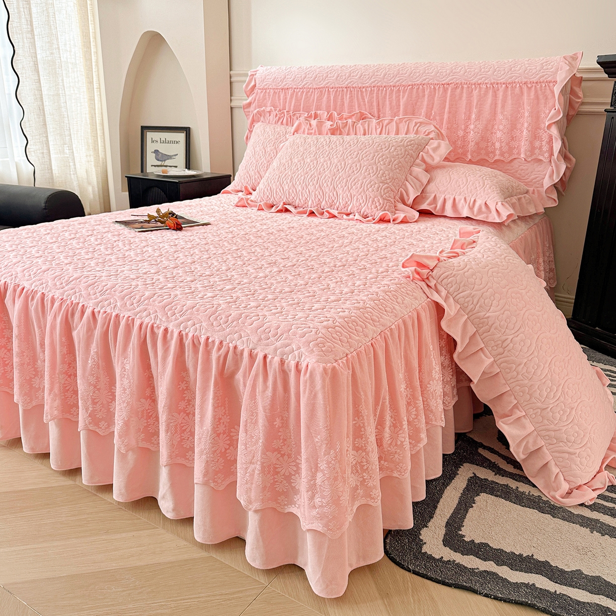 情恒家纺 2025新款宝宝绒夹棉单品床裙单件床裙玫瑰盛典系列 玫瑰盛典 香妃粉