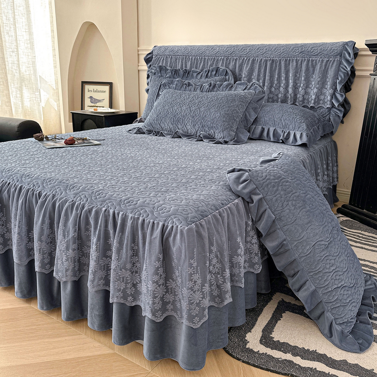 情恒家纺 2025新款宝宝绒夹棉单品床裙单件床裙玫瑰盛典系列 玫瑰盛典 静夜灰