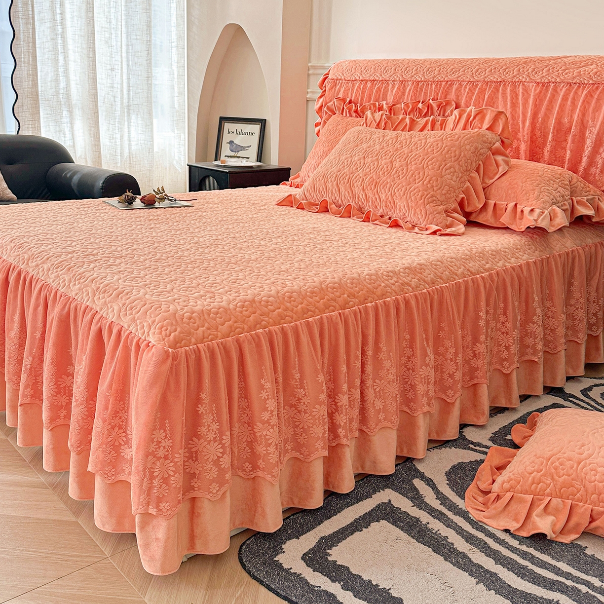 91家纺网 家纺一手货源 找家纺 情恒家纺 2025新款宝宝绒夹棉单品床裙单件床裙玫瑰盛典系列 玫瑰盛典 明媚橙