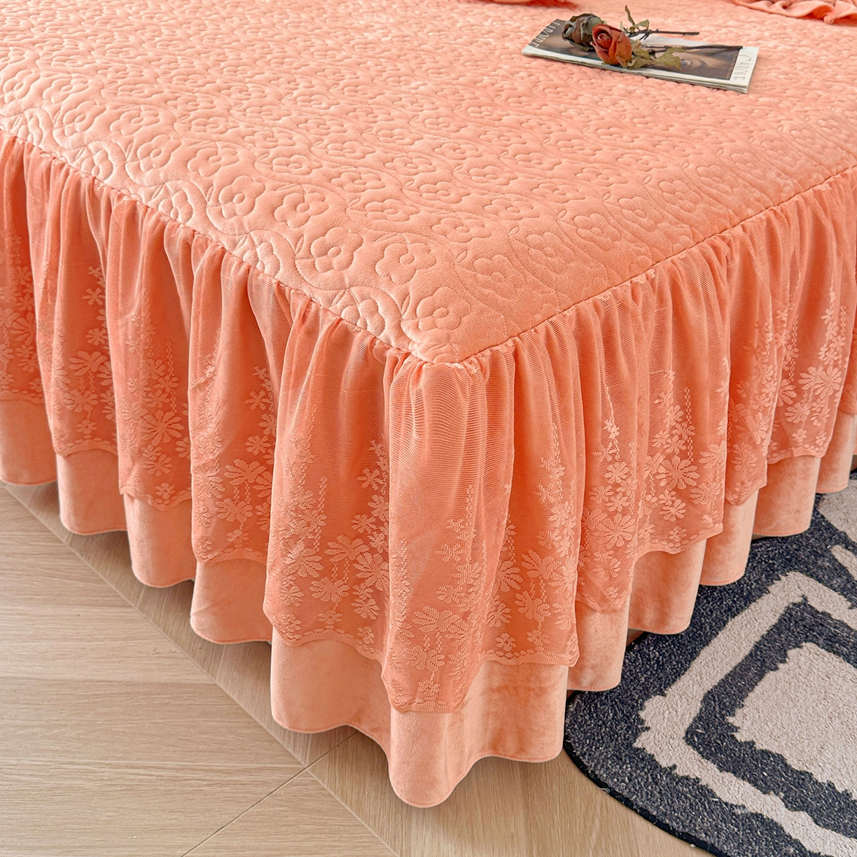 91家纺网 家纺一手货源 找家纺 情恒家纺 2025新款宝宝绒夹棉单品床裙单件床裙玫瑰盛典系列 玫瑰盛典 明媚橙