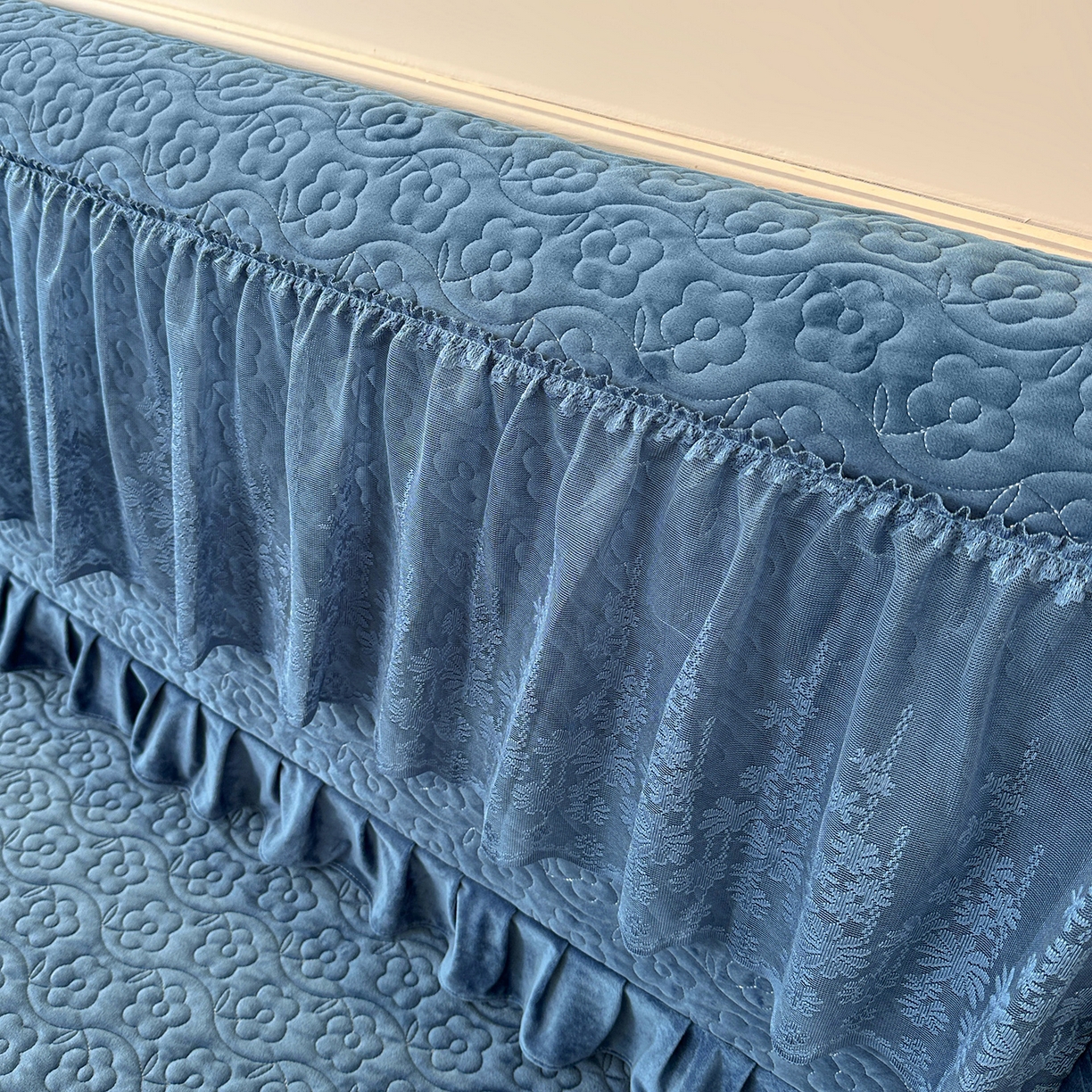 91家纺网 家纺一手货源 找家纺 情恒家纺 2025新款宝宝绒夹棉单品床裙单件床裙玫瑰盛典系列 玫瑰盛典 深海蓝