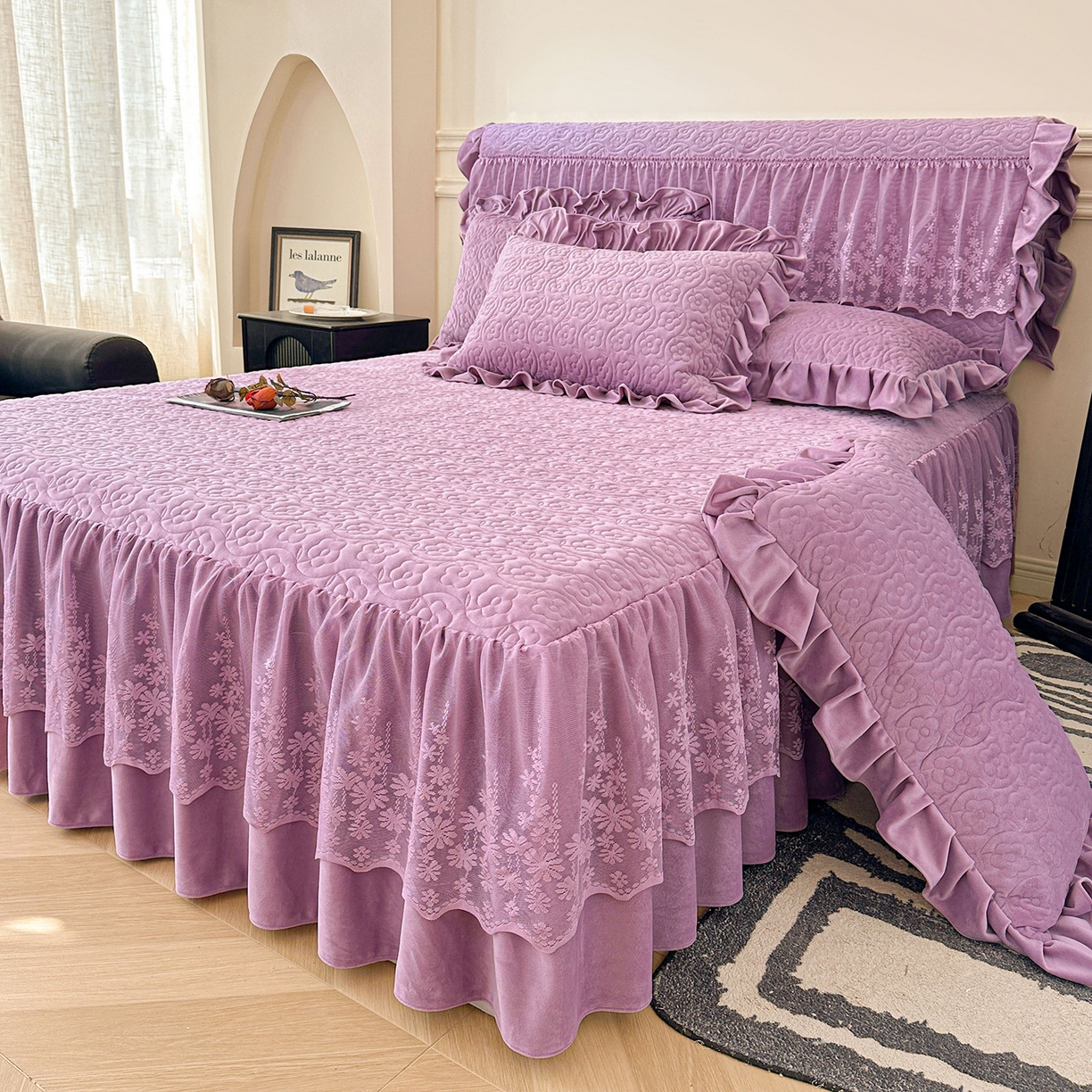 情恒家纺 2025新款宝宝绒夹棉单品床裙单件床裙玫瑰盛典系列 玫瑰盛典 优雅紫