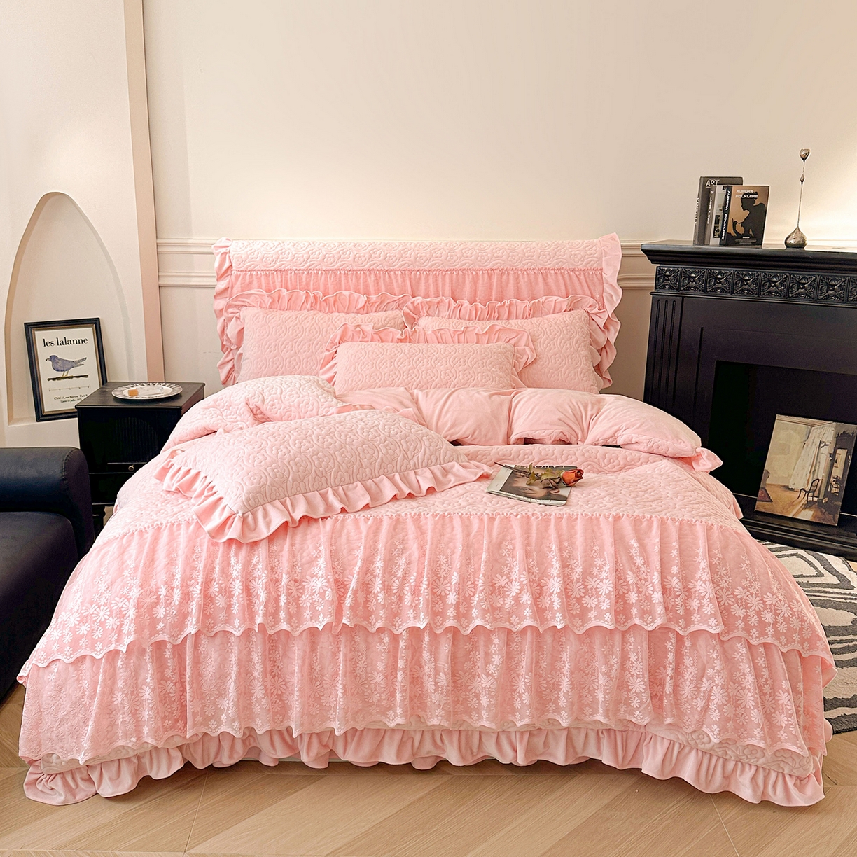 91家纺网 家纺一手货源 找家纺 （总）情恒家纺 2025新款宝宝绒夹棉床裙三四五件套-玫瑰盛典